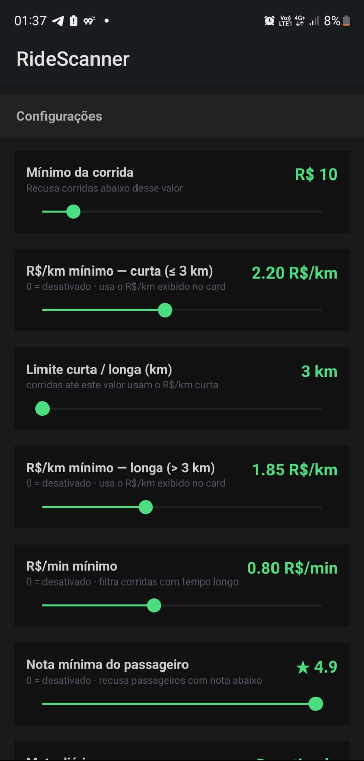 Tela de configuracoes do RideScanner